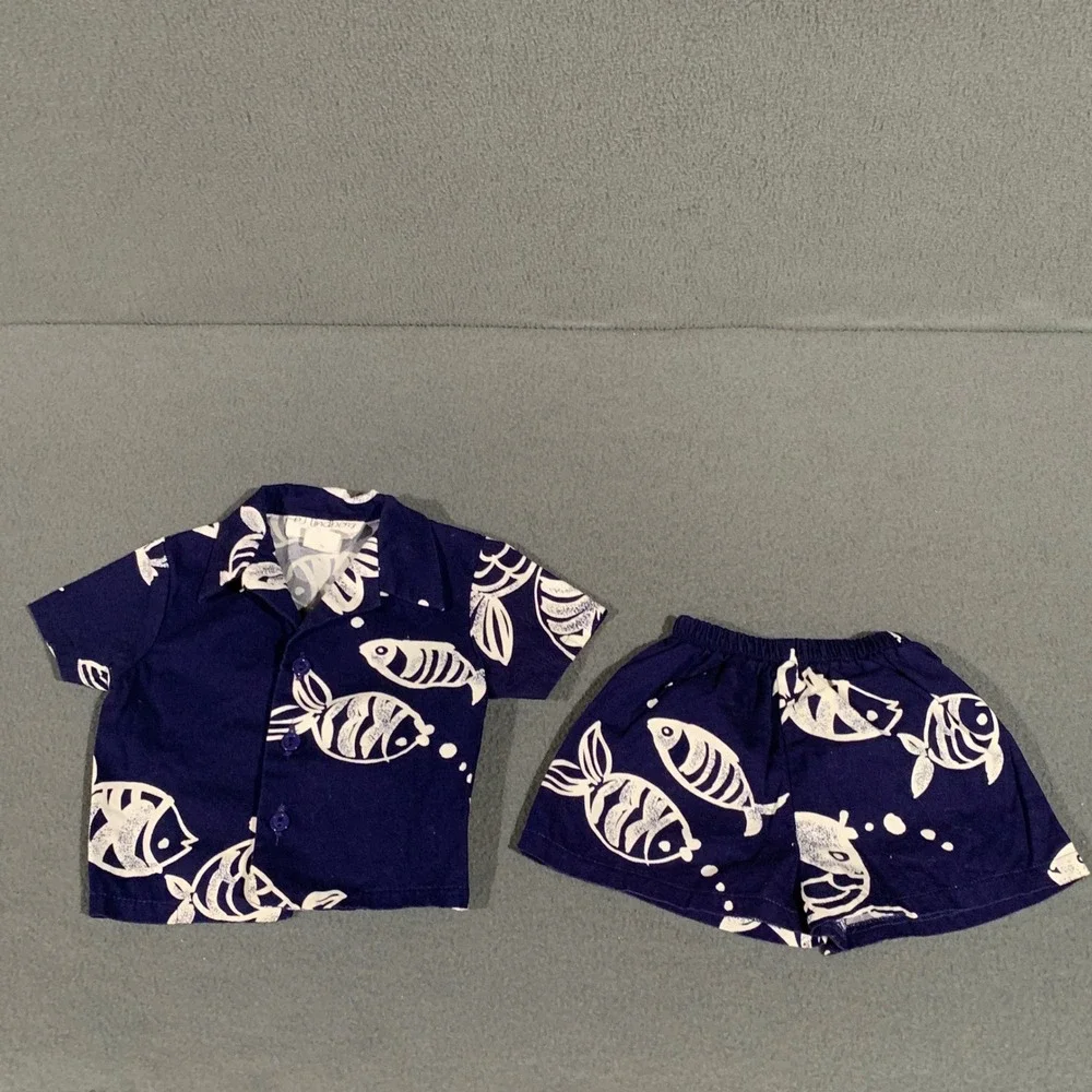 Vintage‎ PJ Lindberg Kids 12M Navy Blue Fish Print Shirt and Shorts Set USA Made